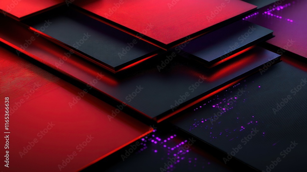 Wall mural a 3d red and black abstract background with overlapping layers, decorated with glowing purple square