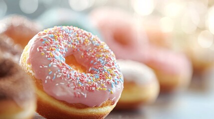Delicious pink frosted donut with sprinkles tempting taste buds