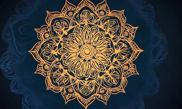 Intricate mandala design in orange on a dark background.