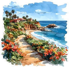 Naklejka premium Watercolor Painting of a Coastal California Villa with Palm Trees and Ocean View.
