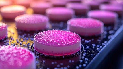 Stunning Close-up of Pink and White Round Desserts with Glittery Surface and Colorful Lighting, Perfect for Sweet Treats and Confectionery Presentations