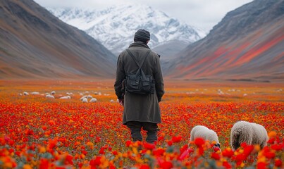 Man overlooking a red flower field and sheep in a mountainous landscape.