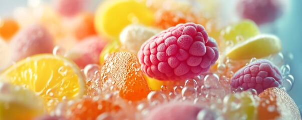 Fresh raspberries and citrus fruits immersed in sparkling water with bubbles