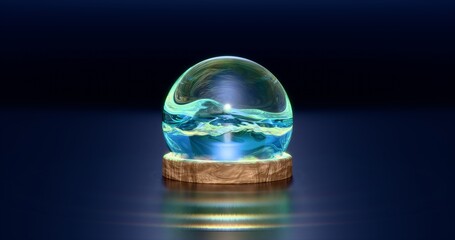 Waving water within glass globe. Diffraction of light and caustics. 3D rendering.
