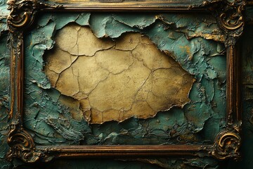 Ornate Frame Encases Aged Teal And Gold Patina