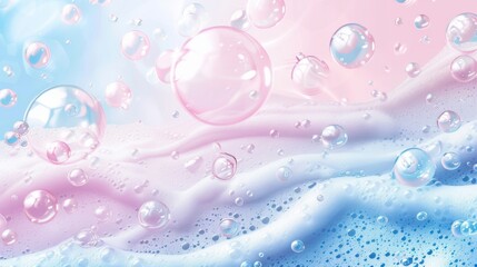 photograph of Pastel pink and blue abstract background with soft soap balls. Realistic vector illustration of horizontal bg with rainbow shampoo and wash foam sphere