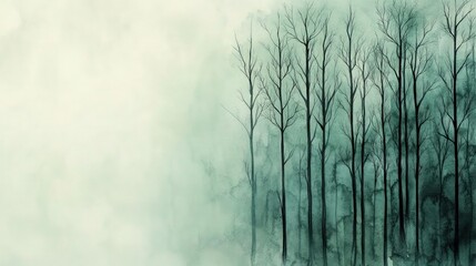 A minimalist watercolor scene with tall evergreen trees painted in a dark, almost black green, their sparse branches detailed with precision. 
