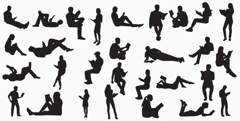 set of silhouette of people reading books standing, lying and standing vector illustration	
