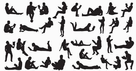 set of silhouette of people reading books standing, lying and standing vector illustration	
