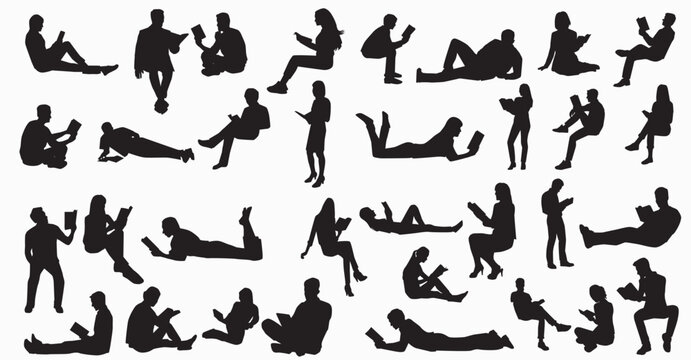 set of silhouette of people reading books standing, lying and standing vector illustration	
