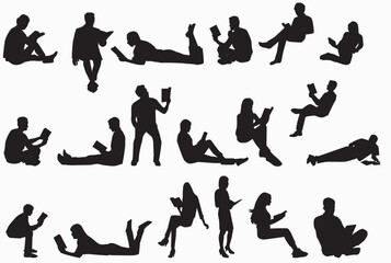 silhouette of people reading books. Sitting, lying and standing with books. 