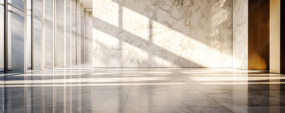 Aufkleber Sunlight illuminating empty modern lobby with marble walls and tiled floor
