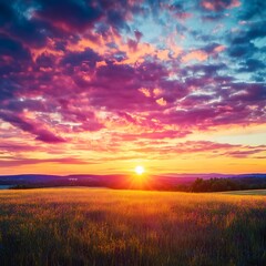 beautiful summer landscape with a dirt road and colorful flowers at sunset