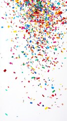 Colorful confetti scattered on white background, perfect for party celebrations and festive occasions
