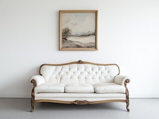 White couch beside artwork on wall