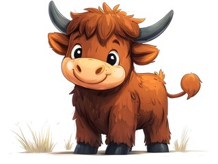 Obraz premium A Highland cow with shaggy hair and horns on a white background