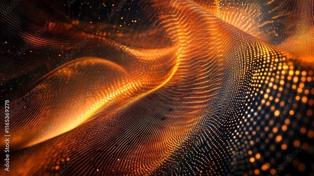 Poster golden particles flowing and forming abstract waves in cyberspace