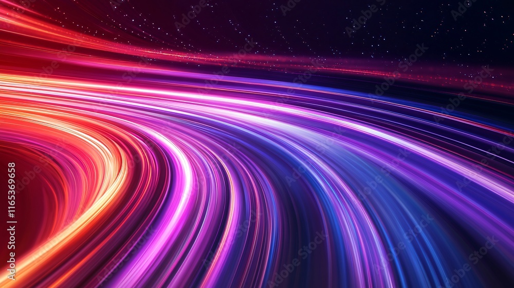 Poster Fast speed motion blur effect with colorful light trails creating an abstract curved shape under a starry night sky
