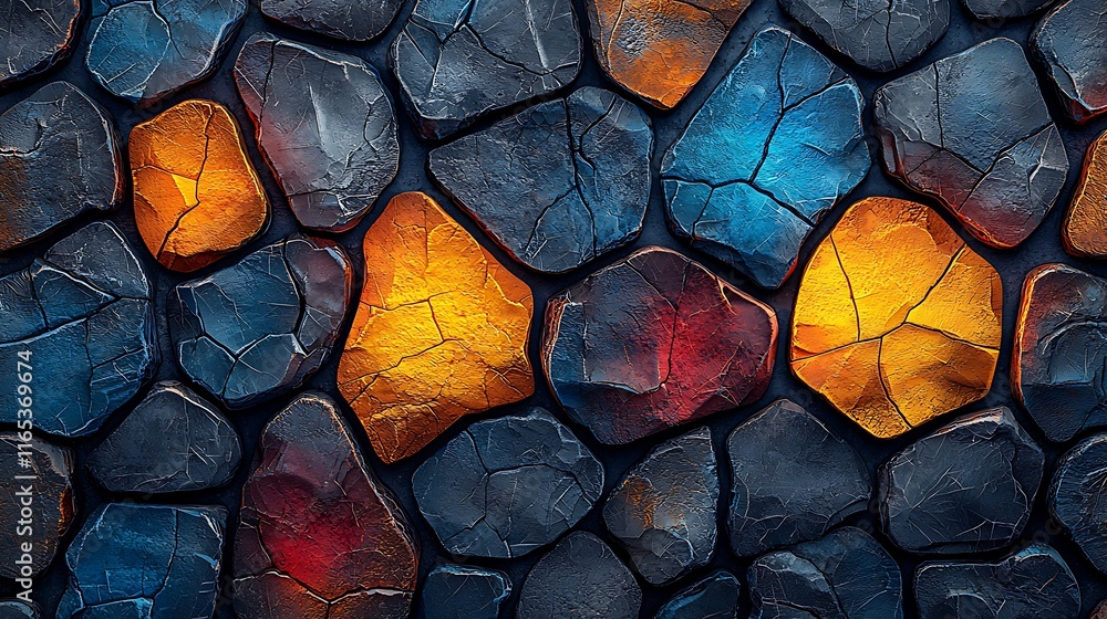 Poster glowing multicolored stones arranged in a seamless pattern.