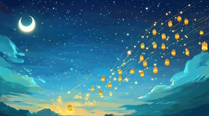 A peaceful night scene with a rich cobalt-blue sky filled with scattered golden-white stars. A glowing white crescent moon is positioned in the upper left corner, while a diagonal stream .