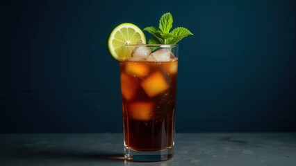 Fototapeta premium A refreshing glass of iced tea, garnished with a vibrant lime slice and sprig of fresh mint, surrounded by melting ice cubes in a rich, dark brew