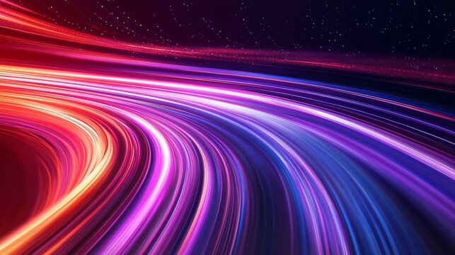 Fast speed motion blur effect with colorful light trails creating an abstract curved shape under a starry night sky