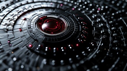 Futuristic red camera lens scanning data on a circular motherboard