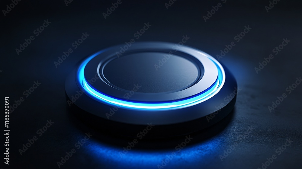 Aufkleber blue light emitting from futuristic round button on dark background