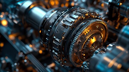 Detailed view of car engine parts, shiny metallic textures and precision components