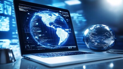 Laptop showing rotating holographic globe and data processing in server room