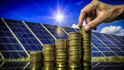 Hand stacking coins on solar panels under sunlight symbolizes solar investment