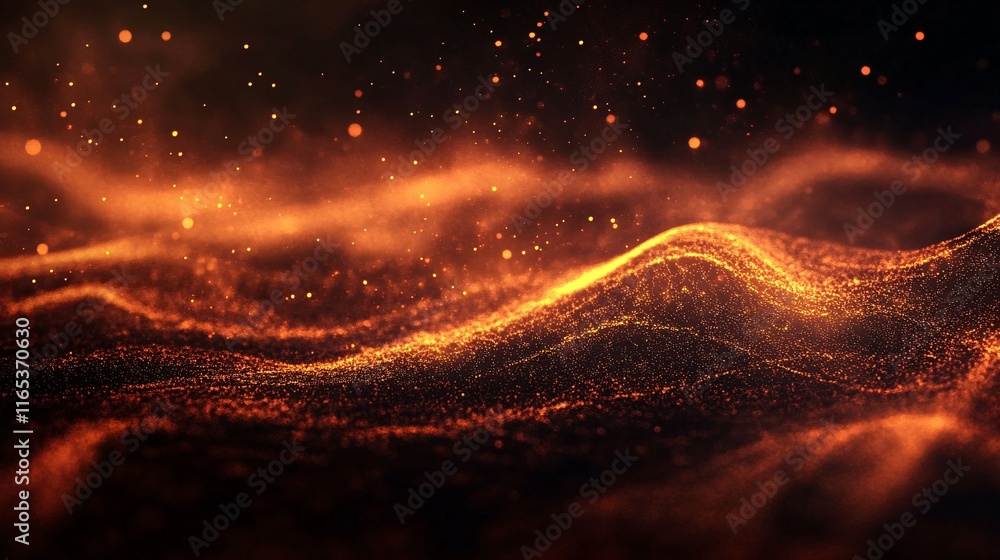 Poster glowing particles forming wavy landscape with bokeh effect and warm colors