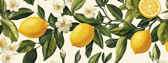 Elegant seamless pattern featuring ripe yellow lemons and green leaves isolated on a white background