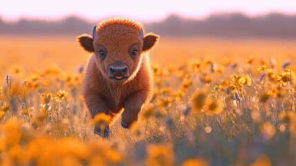 Baby bison leaps joyfully through vibrant wildflowers in the golden light of sunset