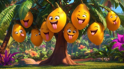 Fototapeta premium A playful cartoon 3D mango tree with large, golden-yellow mangoes hanging from its branches. Each mango has an adorable face, some sticking out their tongues and others wearing big, goofy grins. 