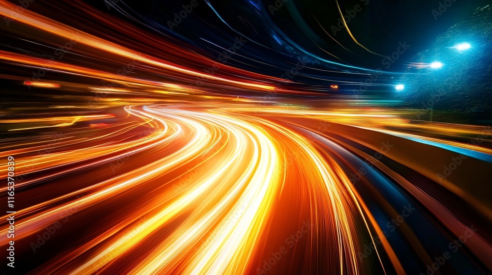 Poster light trails illuminating highway at night creating dynamic energy flow