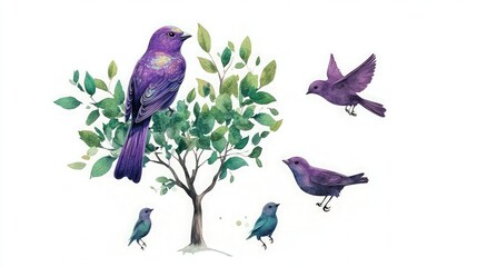 A purple bird with an iridescent sheen sitting on a small tree with rich emerald green leaves, all captured in a watercolor style. 