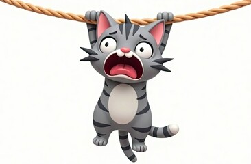 Cartoon gray cat hanging on rope in horror