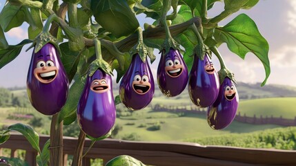A quirky cartoon-style 3D eggplant plant with shiny purple eggplants hanging from its branches, each with animated faces showing joyful laughter and cheeky grins. 