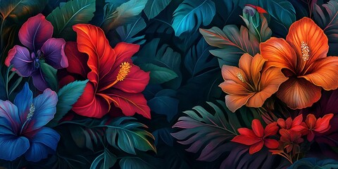 floral design with large, colorful exotic petals creating a vibrant scene 