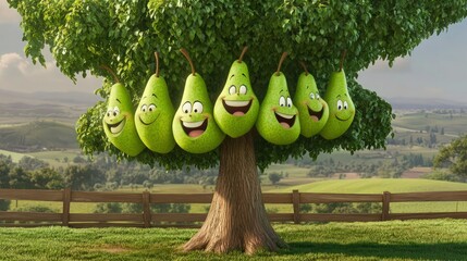 A quirky cartoon-style 3D pear tree with plump, green pears that have animated faces showing joyful laughter and friendly waves. 