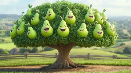 A quirky cartoon-style 3D pear tree with plump, green pears that have animated faces showing joyful laughter and friendly waves. 