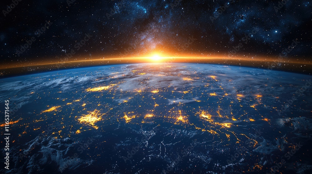 Poster technologies and communications night planet earth from space with light lines of communication and 