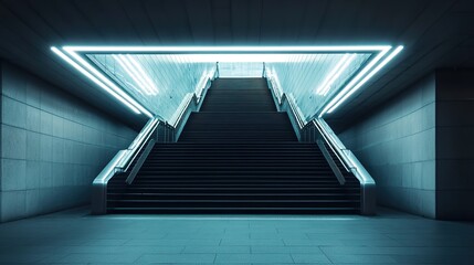 Obraz premium Moving escalator in a subway station with modern architecture and metal steps
