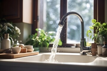 Water is gushing from the kitchen faucet in the bathroom due to a shortage of clean water.