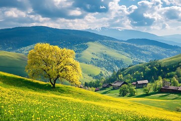 Obraz premium Branch of a blossoming cherry tree with pink flowers on a blurred background