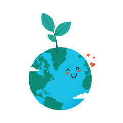 Cute cartoon earth with plant seeds growing on it. Design concept for earth day.