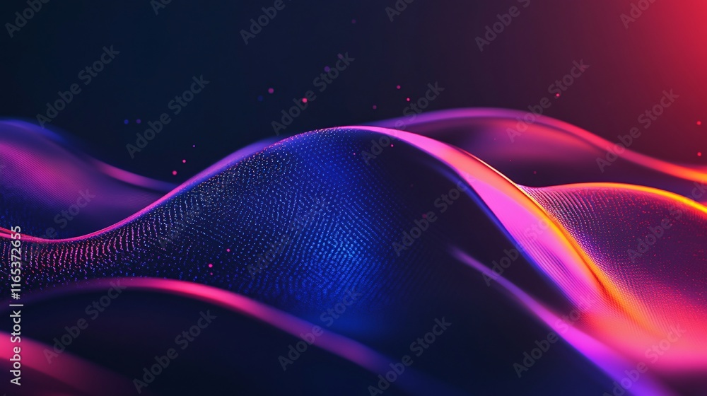 Poster abstract colorful digital landscape with flowing particles forming waves