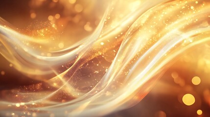 Golden abstract background with flowing waves and glittering particles
