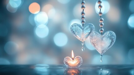 A blurred background in cool tones of blue and silver sets a serene tone, with a glowing pearl rope hanging gracefully in the center. At the end of the rope, a heart shaped like ice or crystal .